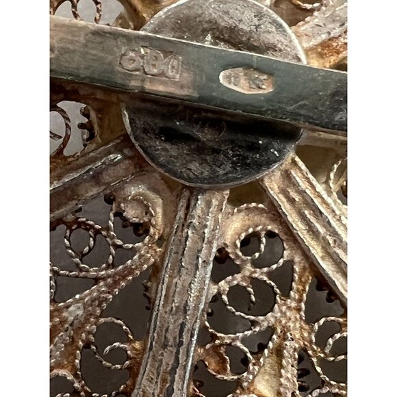 Antique 800 Silver Domed Brooch Genova Italy Filigree Etruscan Revival Scroll - Picture 10 of 10
